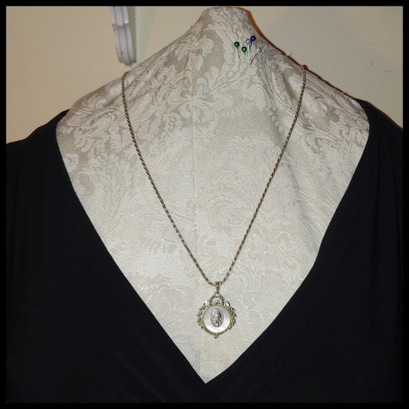 Vintage Sterling Chain w Sterling, Mother of Pearl, Marcasite Pendant of Mary - Picture 1 of 8